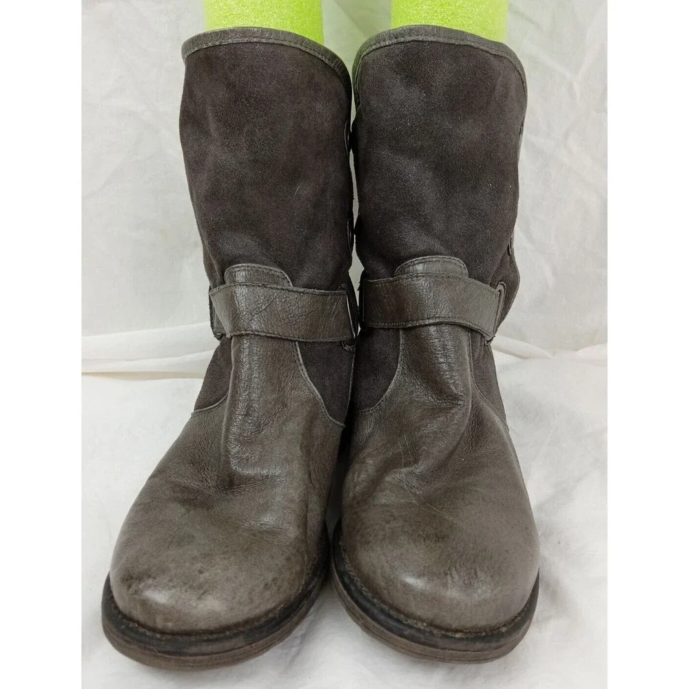 Bare Traps Select Gray Taupe Leather Ankle Boots Faux Fur Lined Womens 8 M - Picture 2 of 8